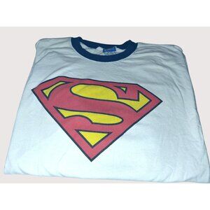 Superman Logo White Blue Ringer T-Shirt X-Large 100% Cotton Mens